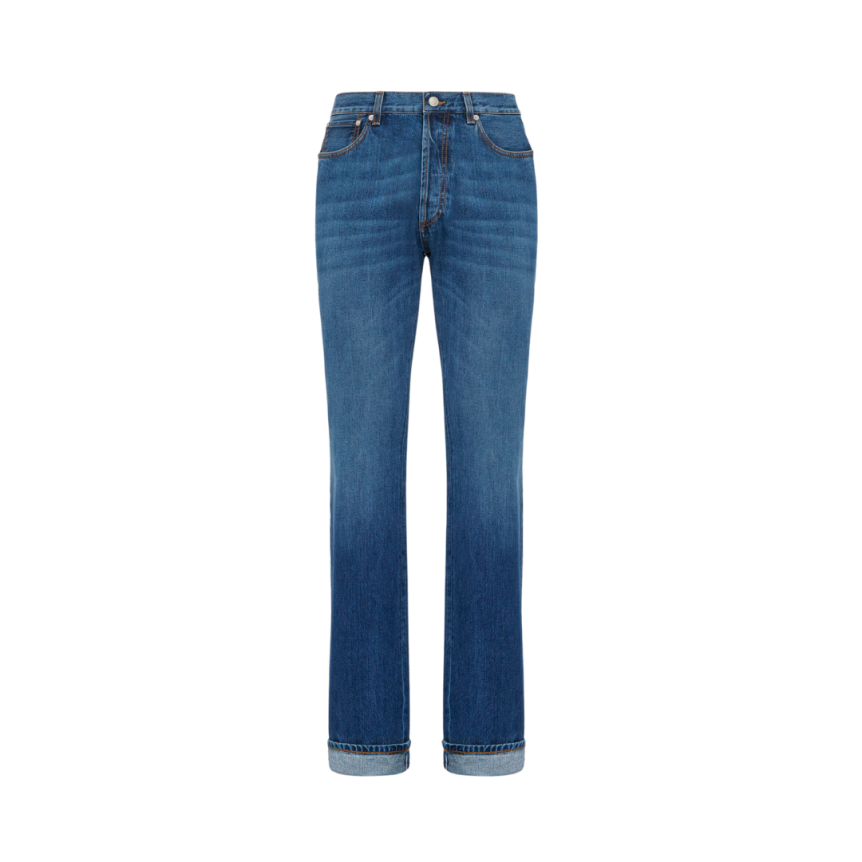 Jean ALEXANDER MCQUEEN large ourlets À revers denim bleu délavé surpiqures jaune