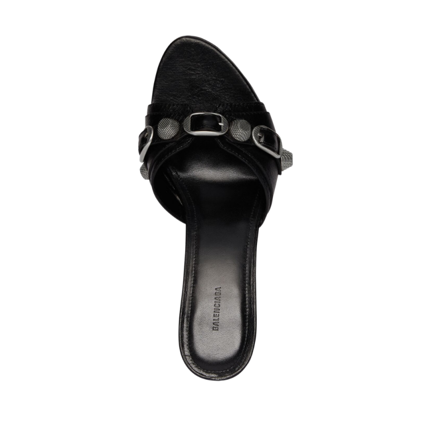 Sandale BALENCIAGA Cagole mule talon 70 mm cuir agneau Arena noir