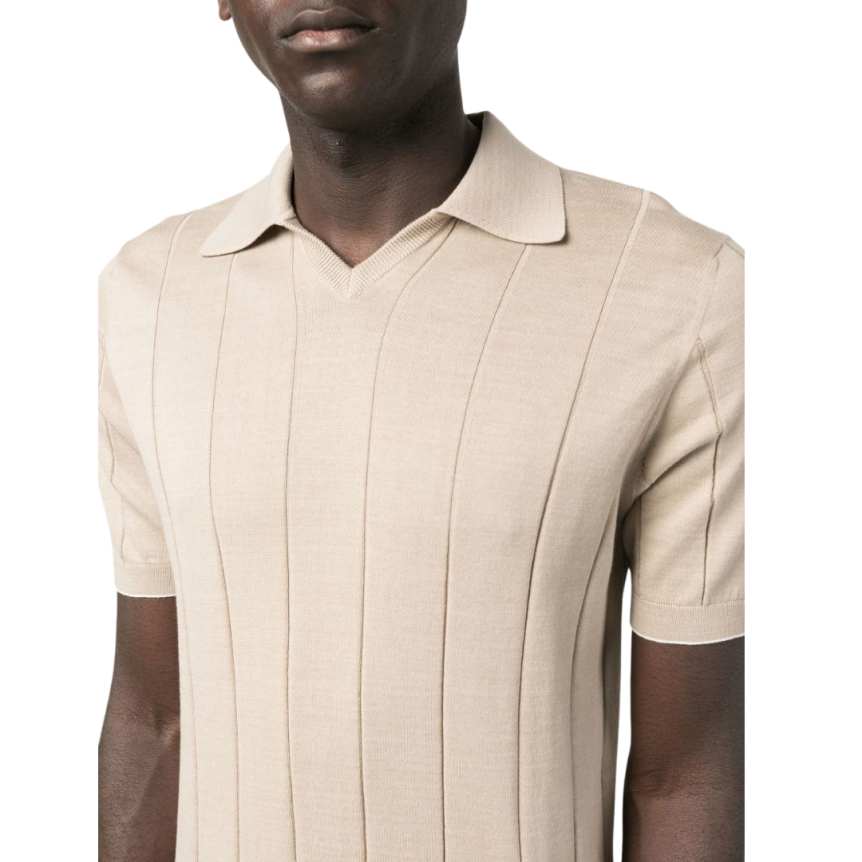 Pull BRUNELLO CUCINELLI manche courte col polo coton côtelé beige