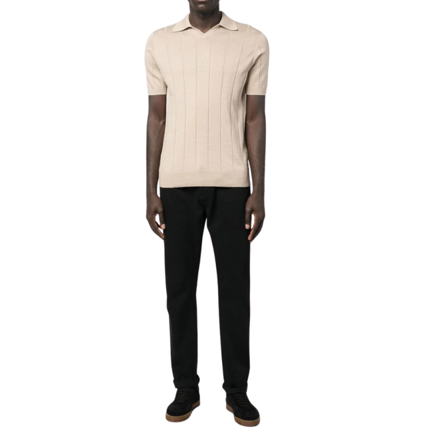 Pull BRUNELLO CUCINELLI manche courte col polo coton côtelé beige