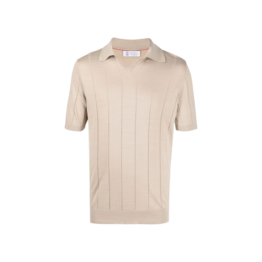 Pull BRUNELLO CUCINELLI manche courte col polo coton côtelé beige