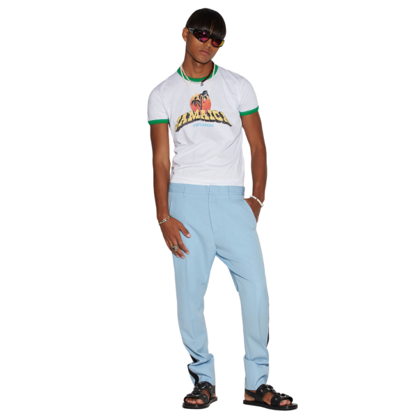 Pantalon DSQUARED laine vierge bleu ciel bande strass bleu marine