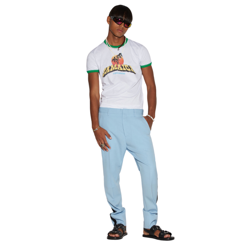 Pantalon DSQUARED laine vierge bleu ciel bande strass bleu marine