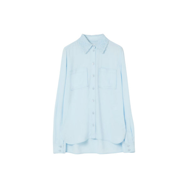 Chemise BURBERRY manche longue viscose bleu ciel col dentelle