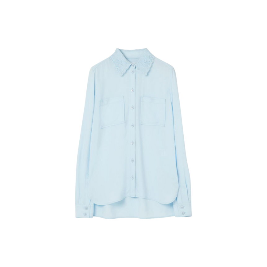 Chemise BURBERRY manche longue viscose bleu ciel col dentelle