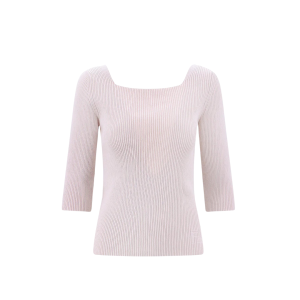 Top FENDI manche longue encolure carré coton côtelé beige