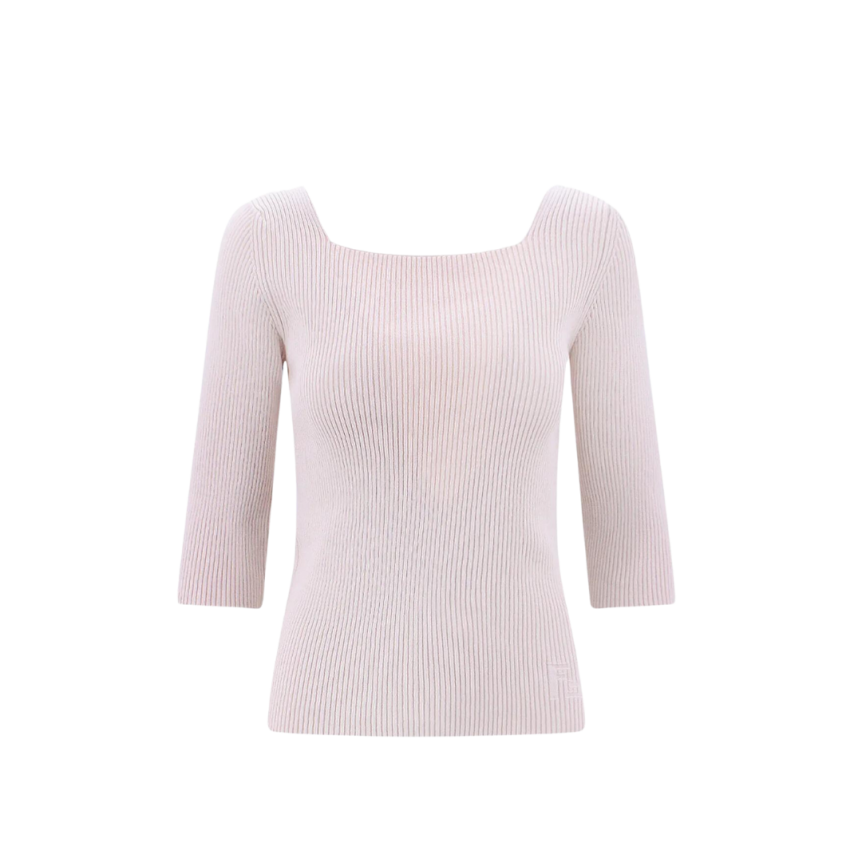 Top FENDI manche longue encolure carré coton côtelé beige