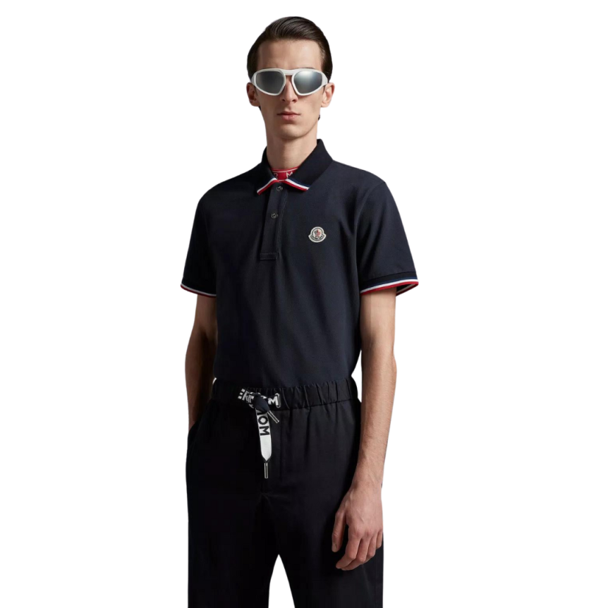 Polo MONCLER coton piqué bleu marine broderie logo bord tricolore