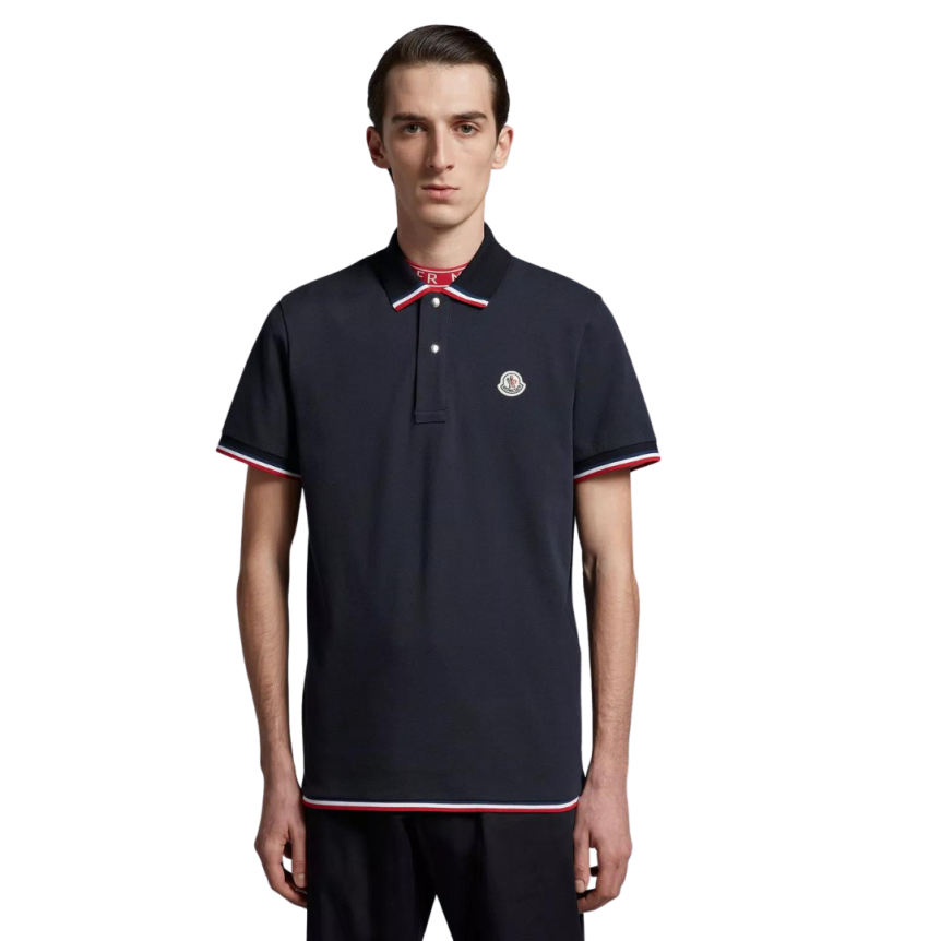 Polo MONCLER coton piqué bleu marine broderie logo bord tricolore
