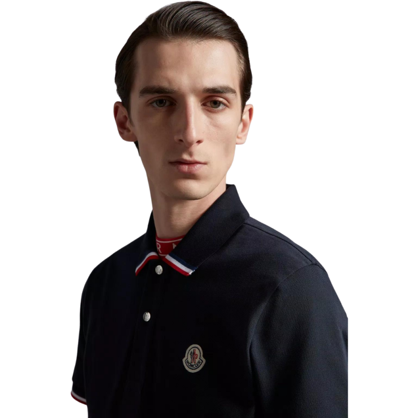 Polo MONCLER coton piqué bleu marine broderie logo bord tricolore