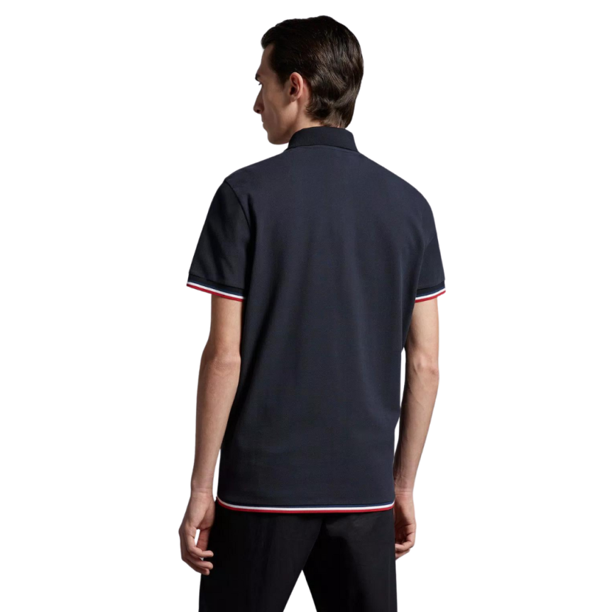 Polo MONCLER coton piqué bleu marine broderie logo bord tricolore