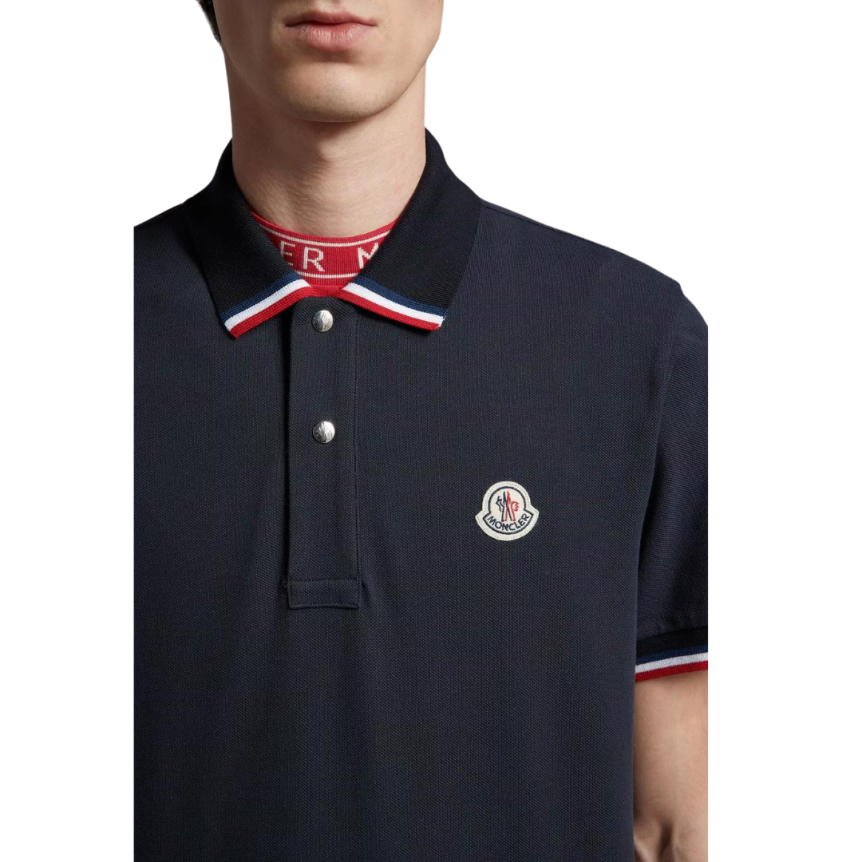 Polo MONCLER coton piqué bleu marine broderie logo bord tricolore