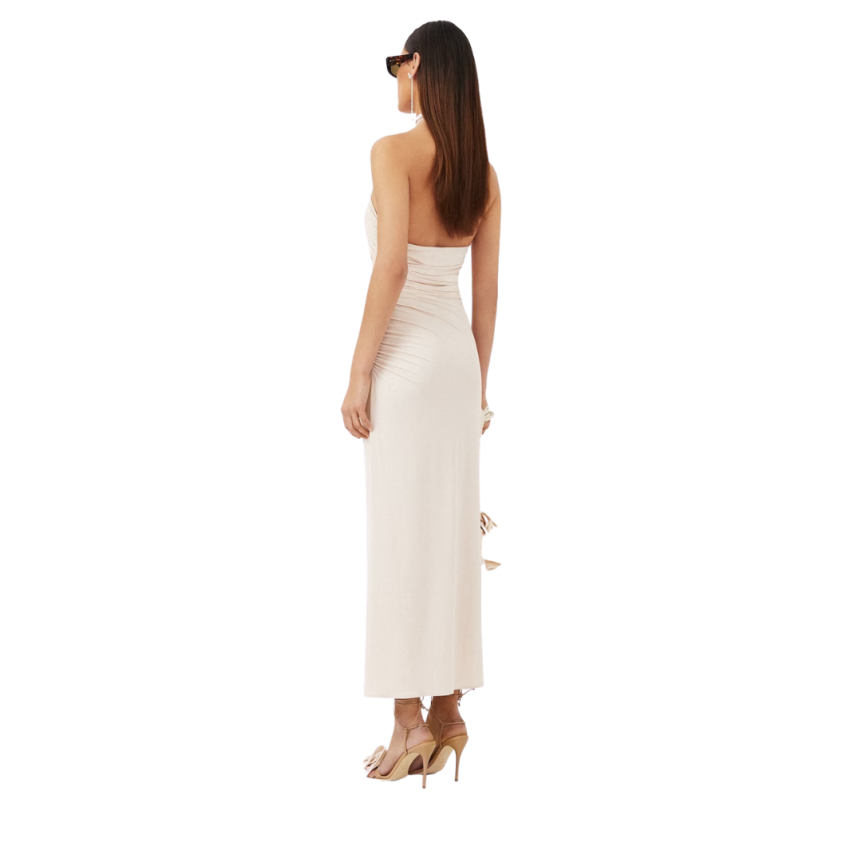 Robe MAGDA BUTRYM midi dos nu en jersey beige Lien cou fleurs