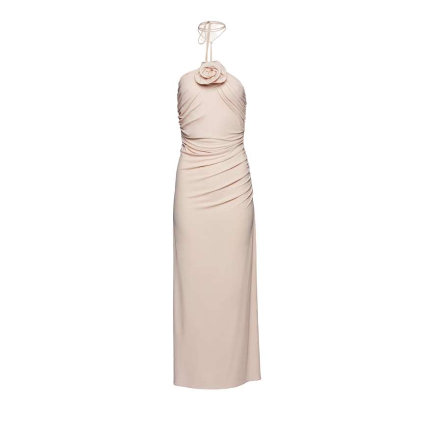 Robe MAGDA BUTRYM midi dos nu en jersey beige Lien cou fleurs