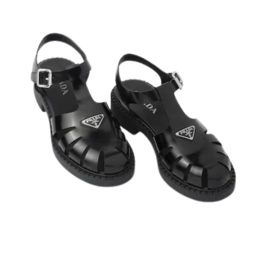 Sandale PRADA noire plaque métal triangle