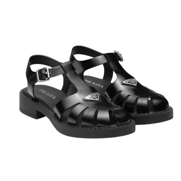 Sandale PRADA noire plaque métal triangle