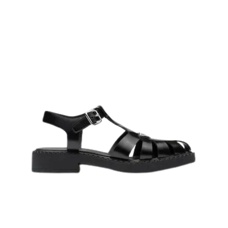 Sandale PRADA noire plaque métal triangle