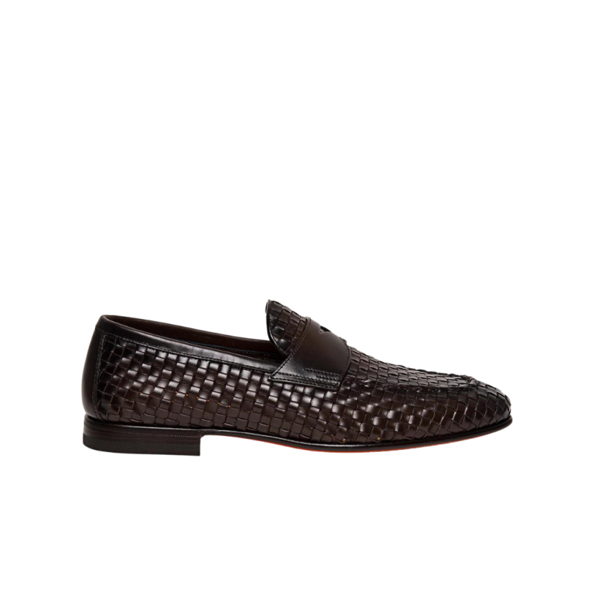 Mocassins SANTONI penny cuir tresse marron chocolat