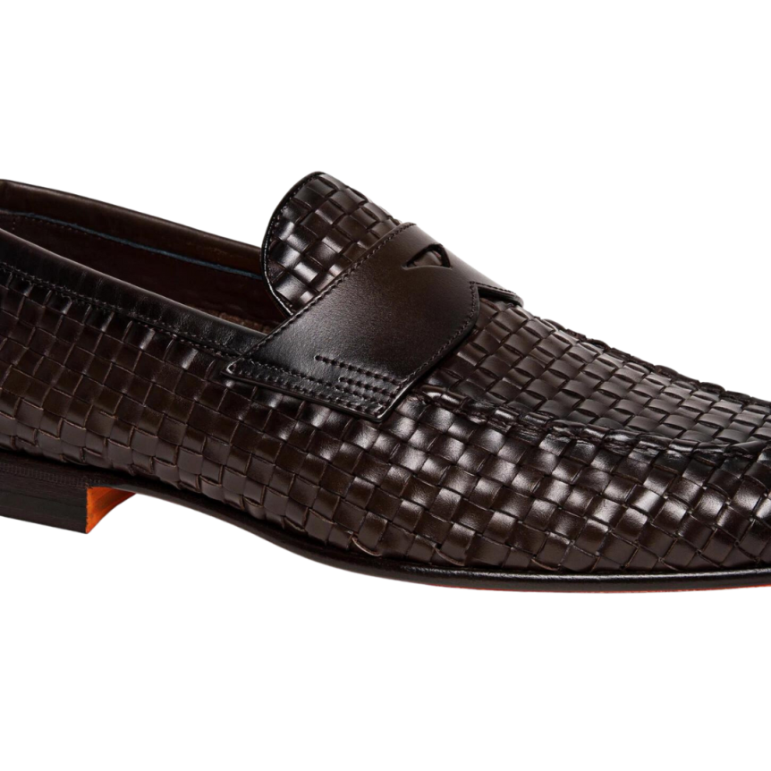 Mocassins SANTONI penny cuir tresse marron chocolat