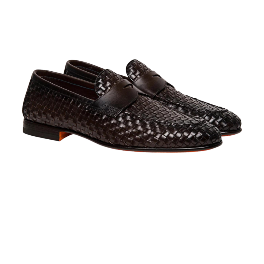 Mocassins SANTONI penny cuir tresse marron chocolat