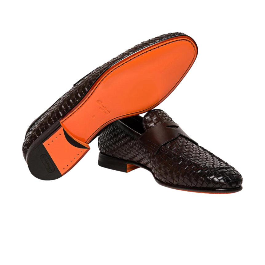 Mocassins SANTONI penny cuir tresse marron chocolat
