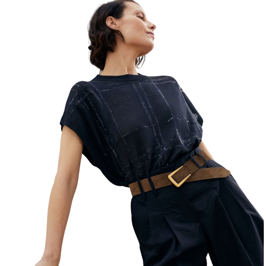 Pull à manches courtes BRUNELLO CUCINELLI lin noir broderie sequins