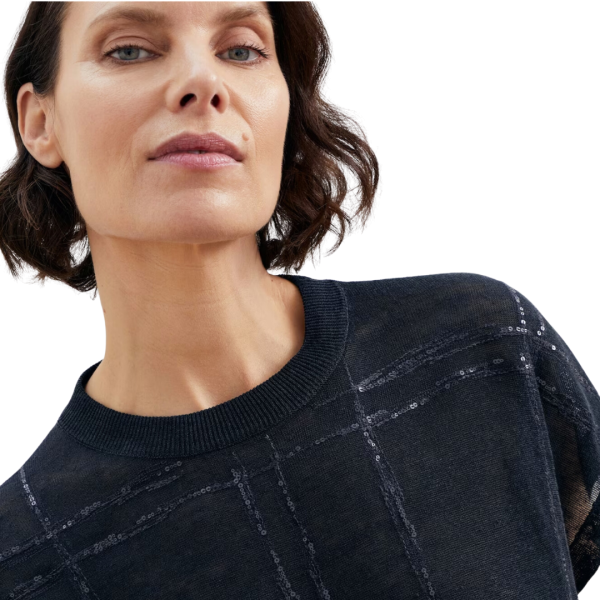 Pull à manches courtes BRUNELLO CUCINELLI lin noir broderie sequins