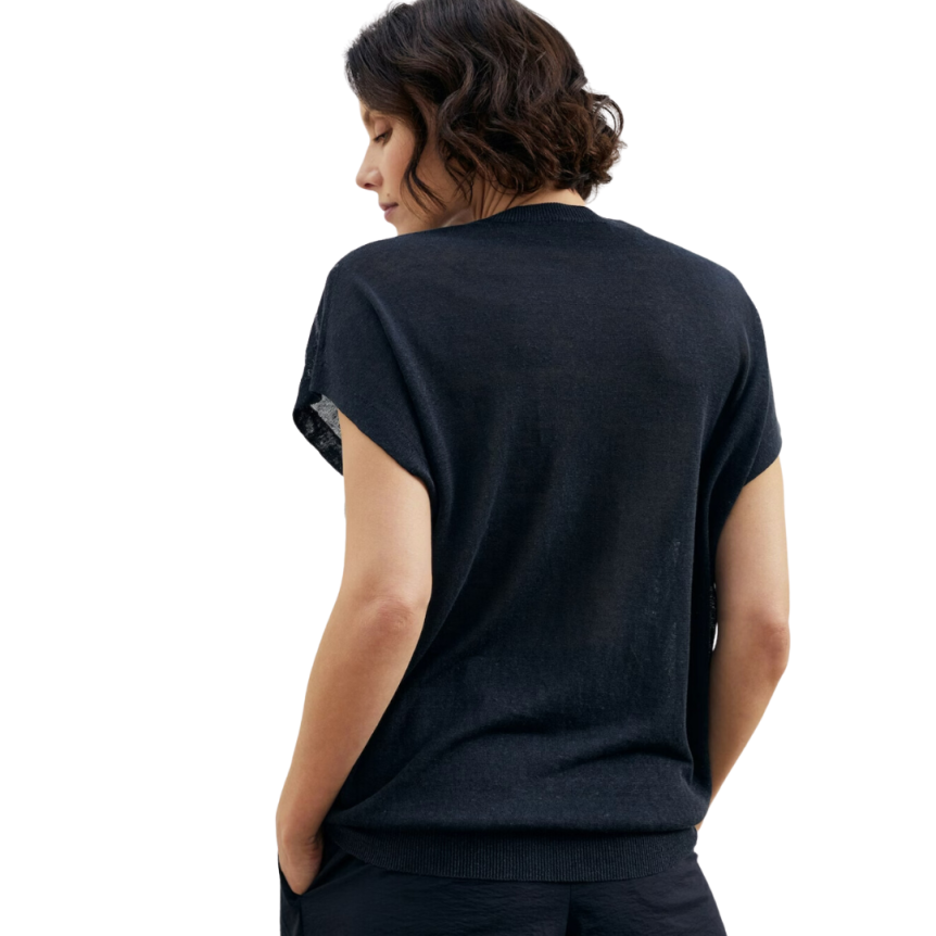 Pull à manches courtes BRUNELLO CUCINELLI lin noir broderie sequins