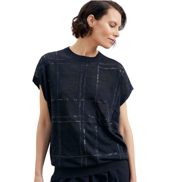 Pull à manches courtes BRUNELLO CUCINELLI lin noir broderie sequins