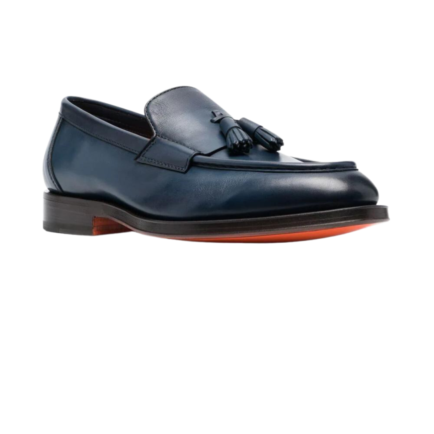 Mocassins SANTONI cuir bleu marine avec gland