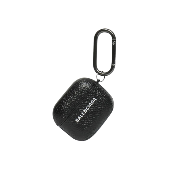 Étui Rigide BALENCIAGA EarPods Cash cuir veau grainé noir logo blanc