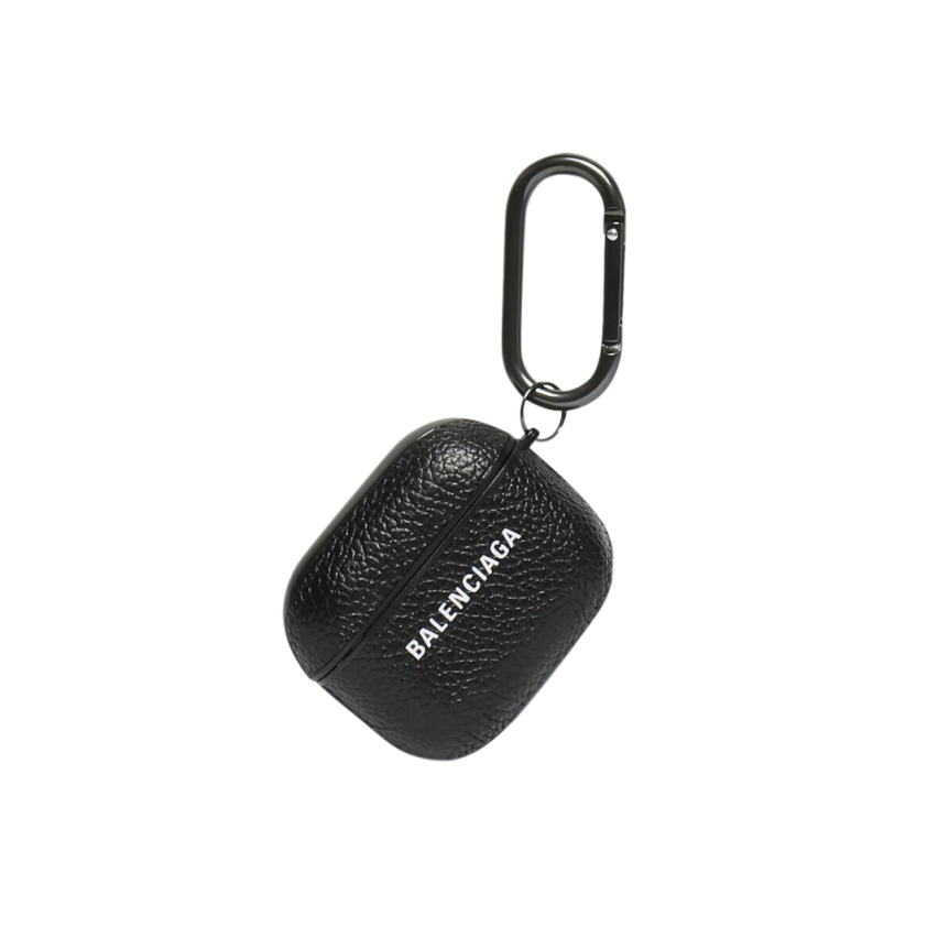 Étui Rigide BALENCIAGA EarPods Cash cuir veau grainé noir logo blanc