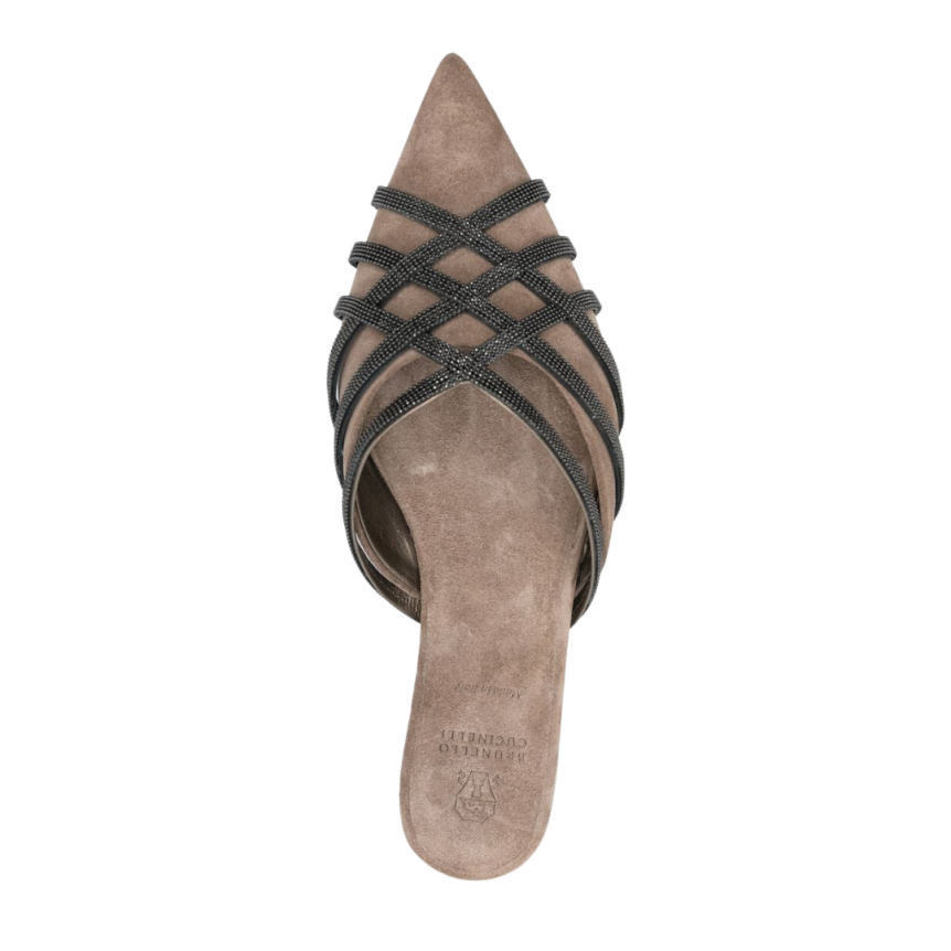 Mules BRUNELLO CUCINELLI plates daim beige strass Monilli