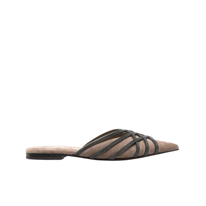 Mules BRUNELLO CUCINELLI plates daim beige strass Monilli