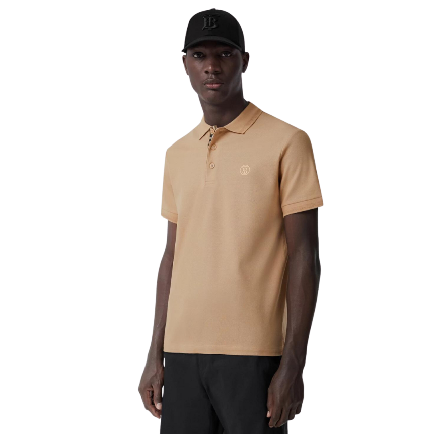 Polo BURBERRY Eddie manches courtes coton piqué beige logo Monogramme TB