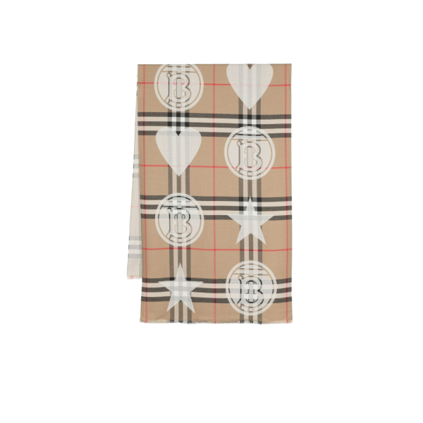 Écharpe BURBERRY laine cachemire Check beige Etoiles Cœurs Monogramme TB