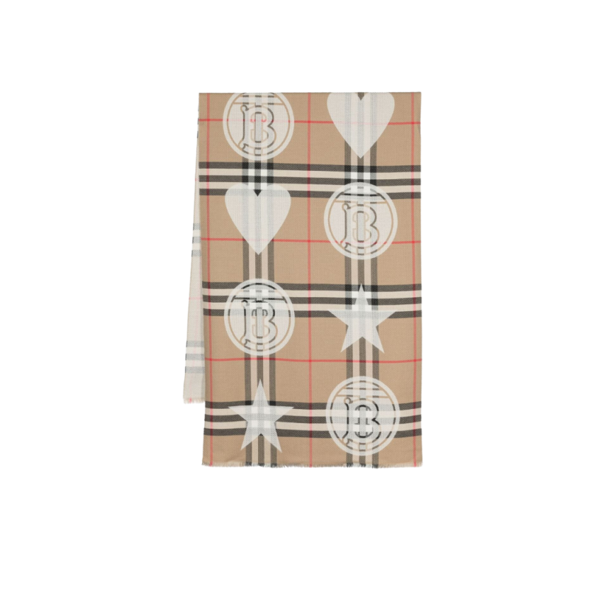 Écharpe BURBERRY laine cachemire Check beige Etoiles Cœurs Monogramme TB