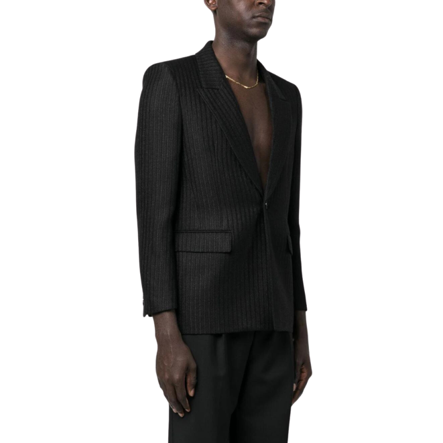 veste SAINT LAURENT à simple boutonnage lin laine soie noir fines rayures