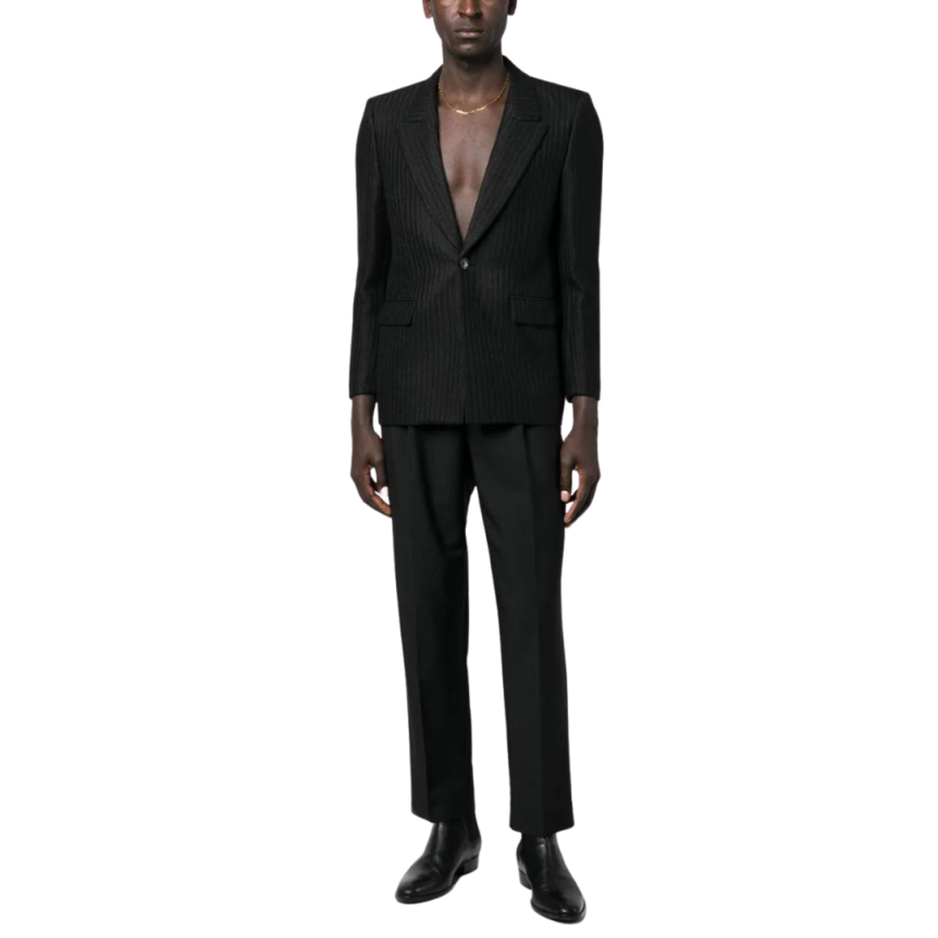 veste SAINT LAURENT à simple boutonnage lin laine soie noir fines rayures