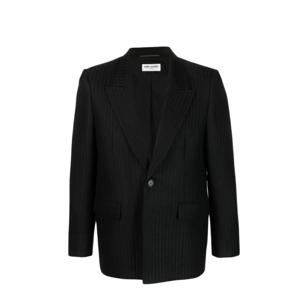 veste SAINT LAURENT à simple boutonnage lin laine soie noir fines rayures