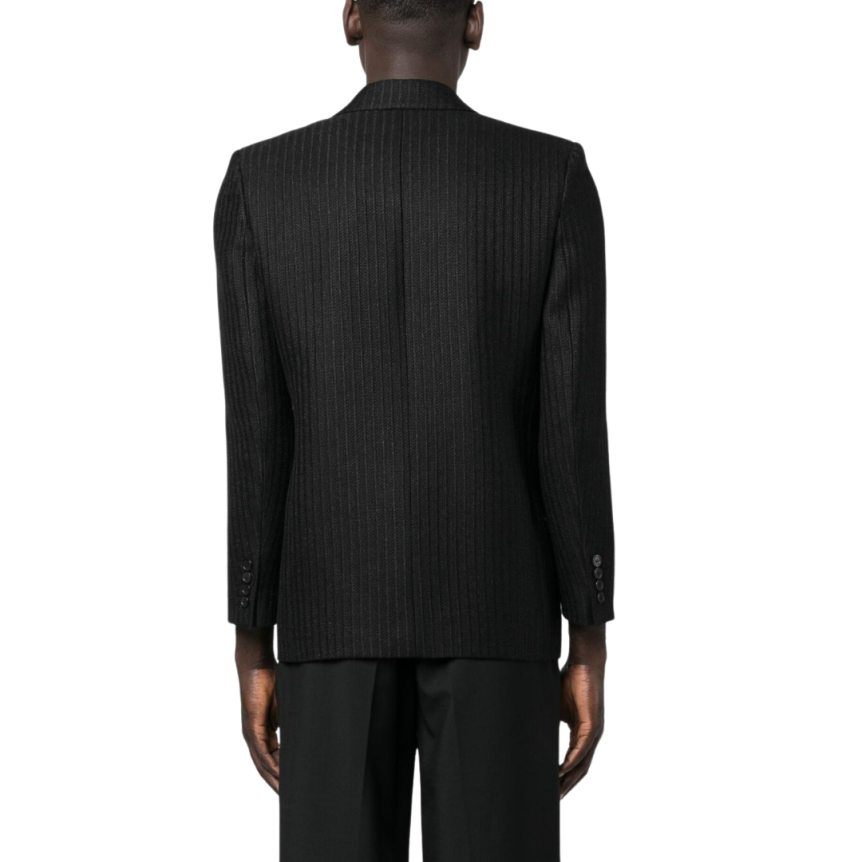 veste SAINT LAURENT à simple boutonnage lin laine soie noir fines rayures