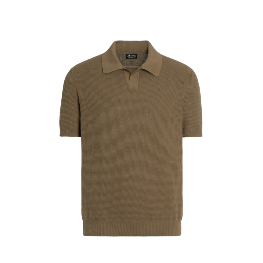 Pull Maille ZEGNA col polo manche courte coton jacquard taupe