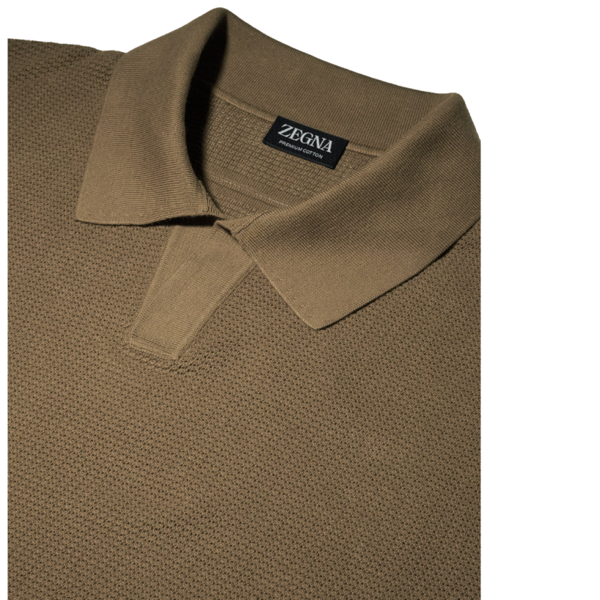 Pull Maille ZEGNA col polo manche courte coton jacquard taupe