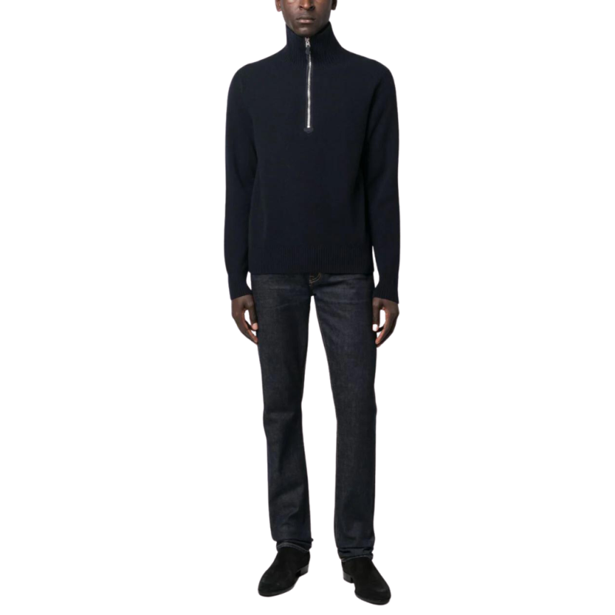 Pull maille TOM FORD col zippé laine cachemire bleu marine