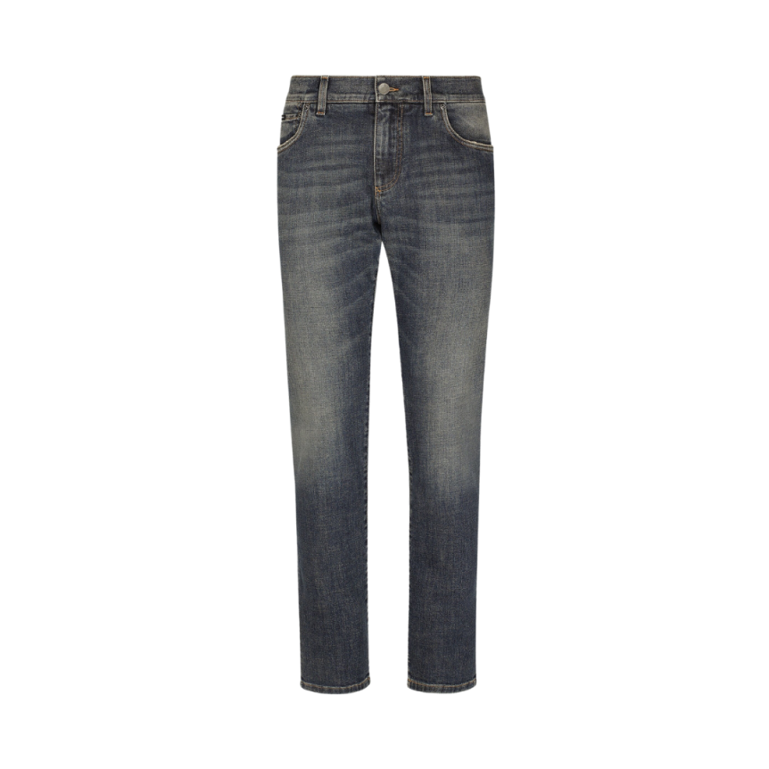 Jean DOLCE & GABBANA denim stretch skinny délavé bleu clair plaque métal