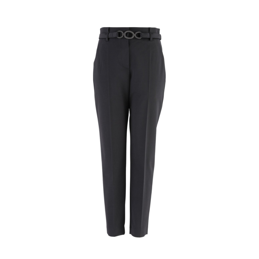 Pantalon BRUNELLO CUCINELLI laine vierge noire ceinture 3 anneaux strass