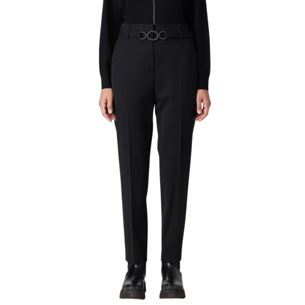 Pantalon BRUNELLO CUCINELLI laine vierge noire ceinture 3 anneaux strass