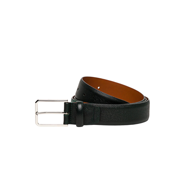 Ceinture SANTONI cuir gaufré vert boucle carré métal