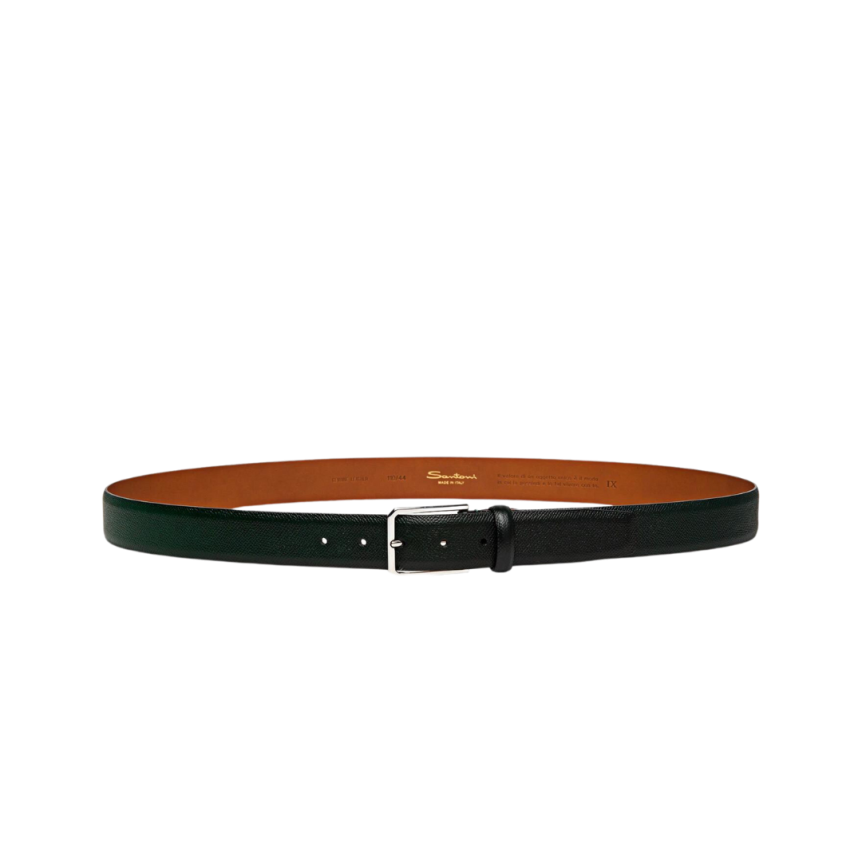Ceinture SANTONI cuir gaufré vert boucle carré métal