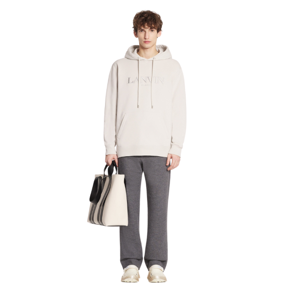 Sweat-shirt LANVIN capuche molleton coton mastic gris perle Logo ton sur ton